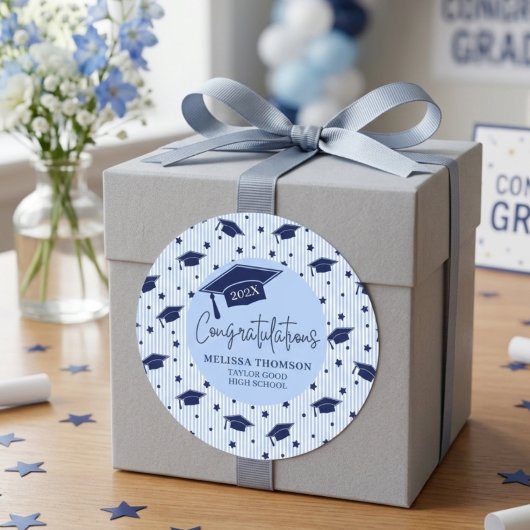Moderne Navy Blauwe Gefeliciteerd Afstuderen Naam Ronde Sticker