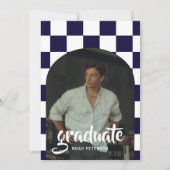 Moderne Navy Blauwe Geruite Boog Foto Afstuderen Kaart (Voorkant)