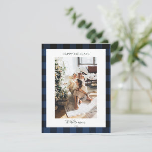 Moderne Navy Blauwe Geruite Rustieke Foto Kerstmis Feestdagenkaart
