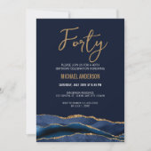 Moderne Navy Blauwe Goud Agate 40e Verjaardagsfees Kaart (Voorkant)