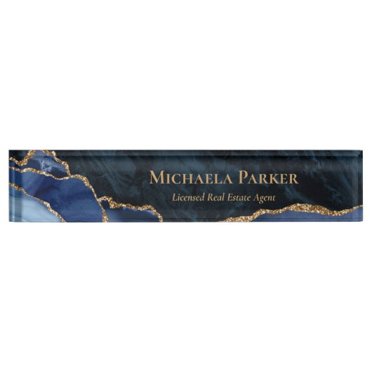 Moderne Navy Blauwe Goud Agate Geode Makelaardij Naambordje (Voorkant)