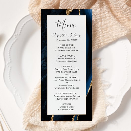 Moderne Navy Blauwe Goud Agate Huwelijk Menu