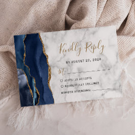 Moderne Navy Blauwe Goud Agate Marmer Huwelijk RSVP Kaartje