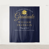 Moderne Navy Blauwe Gouden Afstudeerfoto Achtergro Wandkleed (Voorkant)