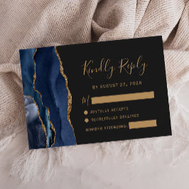 Moderne Navy Blauwe Gouden Agaat Donkere Trouw RSV RSVP Kaartje