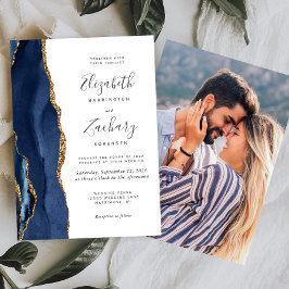 Moderne Navy Blauwe Gouden Agaat Foto Bruiloft Kaart