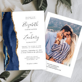 Moderne Navy Blauwe Gouden Agaat Foto Bruiloft Kaart