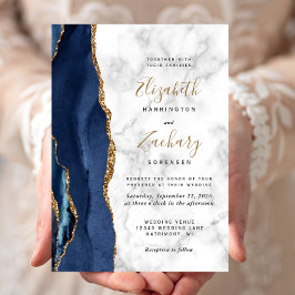 Moderne Navy Blauwe Gouden Agaat Marmeren Trouw Kaart