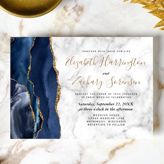 Moderne Navy Blauwe Gouden Agaat Marmeren Trouwkaa Kaart