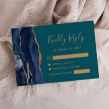 Moderne Navy Blauwe Gouden Agaat Teal Trouw RSVP K