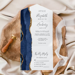 Moderne Navy Blauwe Gouden Agate Huwelijk All In One Uitnodiging