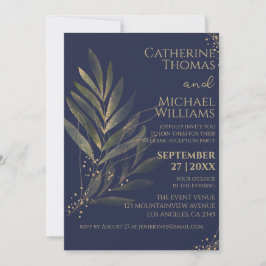 Moderne Navy Blauwe Gouden Blad Bruiloftsreceptie Kaart