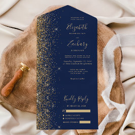Moderne Navy Blauwe Gouden Glitter Bruiloft All In One Uitnodiging