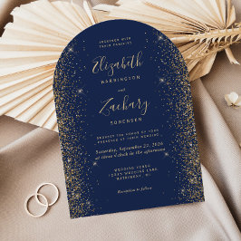 Moderne Navy Blauwe Gouden Glitter Rand Boog Bruil Kaart