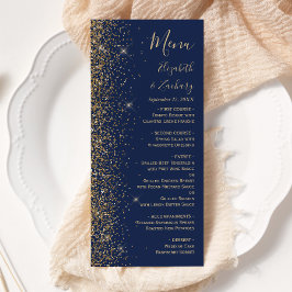 Moderne Navy Blauwe Gouden Glitter Rand Trouw Menu
