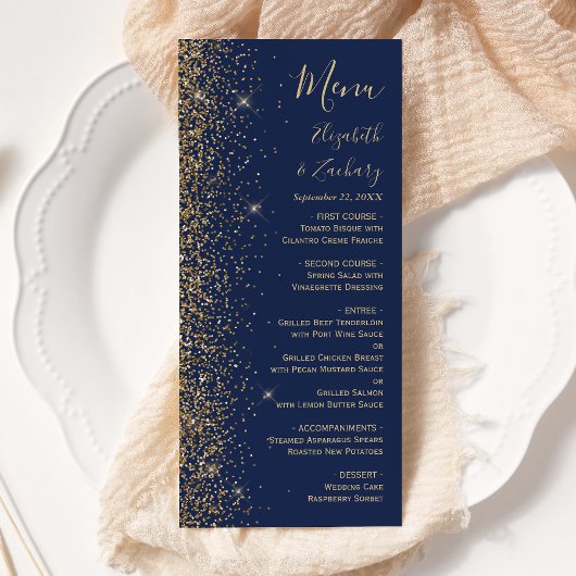 Moderne Navy Blauwe Gouden Glitter Rand Trouw Menu