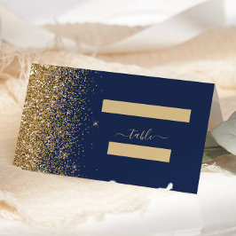 Moderne Navy Blauwe Gouden Glitter Rand Trouwjurk Plaatskaartje