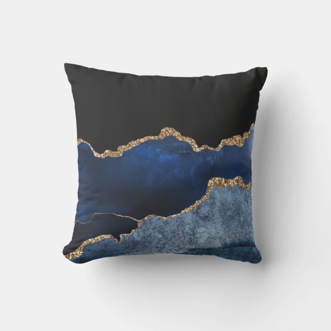 Moderne Navy Blauwe Gouden Marmer Glitter Buitenkussen (Voorkant)