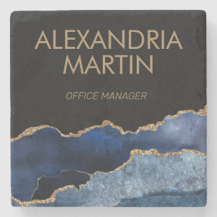 Moderne Navy Blauwe Gouden Marmer Glitter Kantoor Stenen Onderzetter