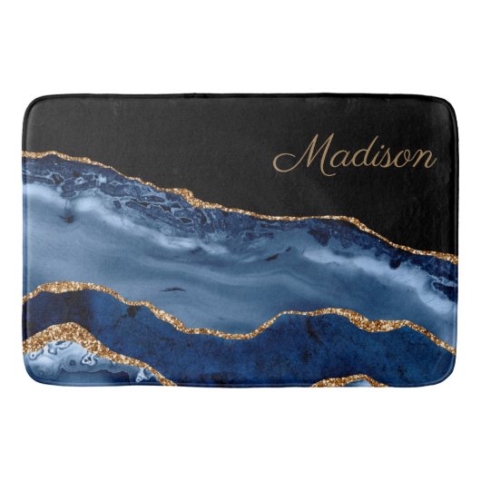Moderne Navy Blauwe Gouden Marmer Glitter Monogram Badmat (Voorkant)