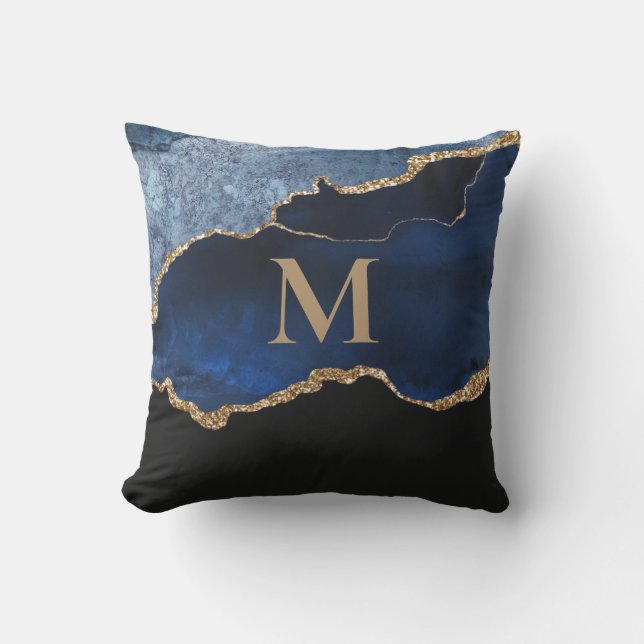 Moderne Navy Blauwe Gouden Marmer Glitter Monogram Buitenkussen (Voorkant)