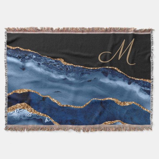 Moderne Navy Blauwe Gouden Marmer Glitter Monogram Deken (Voorkant)