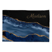 Moderne Navy Blauwe Gouden Marmer Glitter Monogram Kussensloop (Achterkant)