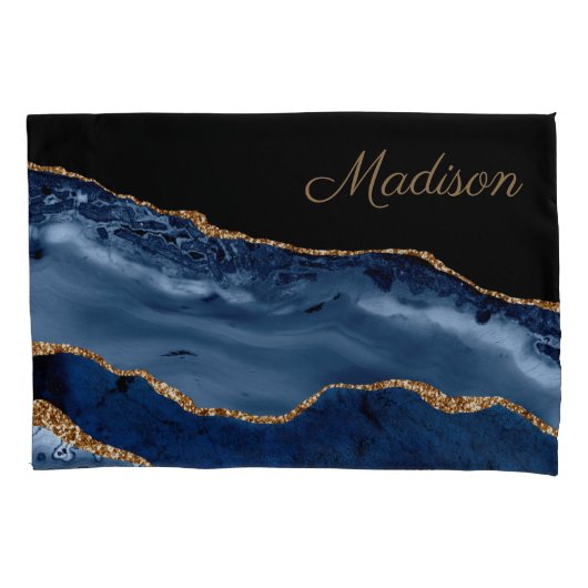 Moderne Navy Blauwe Gouden Marmer Glitter Monogram Kussensloop (Voorkant)