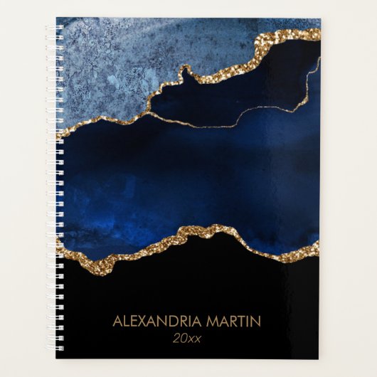 Moderne Navy Blauwe Gouden Marmer Glitter Planner (Voorkant)