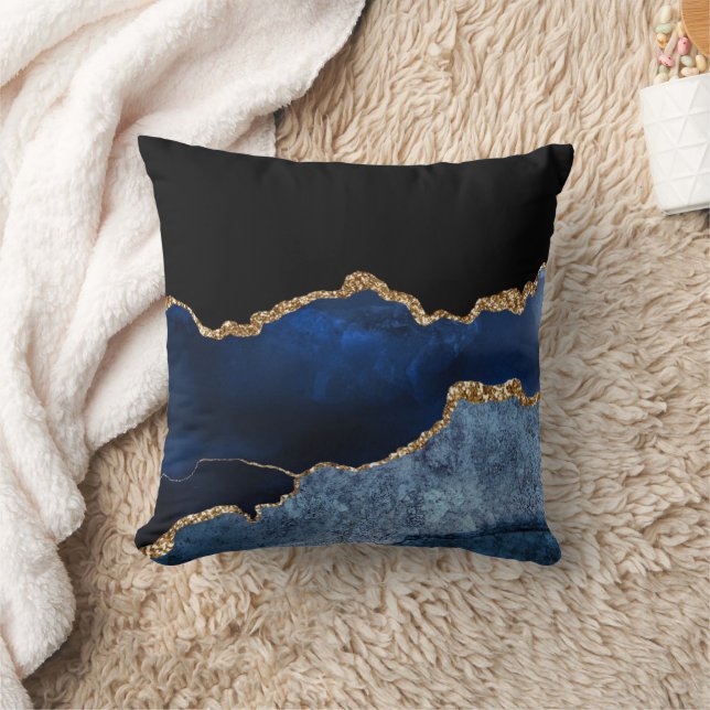 Moderne Navy Blauwe Gouden Marmer Glitters  Kussen (Deken)