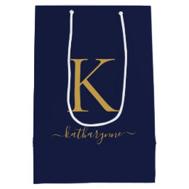 Moderne Navy Blauwe Gouden Monogram Naam Medium Cadeauzakje