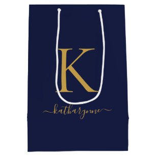 Moderne Navy Blauwe Gouden Monogram Naam Medium Cadeauzakje