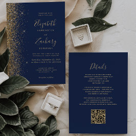 Moderne Navy Blauwe Gouden Nep Glitter QR Code Tro Kaart
