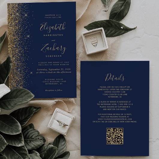 Moderne Navy Blauwe Gouden Nep Glitter QR Code Tro Kaart
