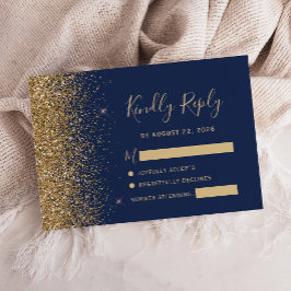 Moderne Navy Blauwe Gouden Nep Glitter Rand RSVP Kaartje