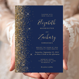 Moderne Navy Blauwe Gouden Nep Glitter Rand Trouw Kaart