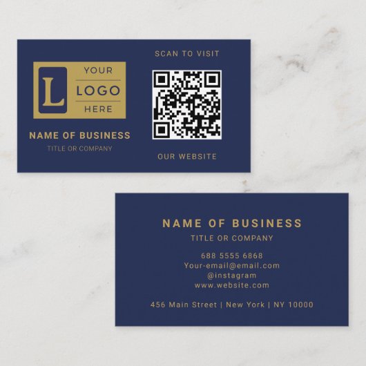Moderne Navy Blauwe Gouden QR-code Aangepaste Logo Visitekaartje (Voorkant / Achterkant)
