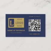 Moderne Navy Blauwe Gouden QR-code Aangepaste Logo Visitekaartje (Voorkant)