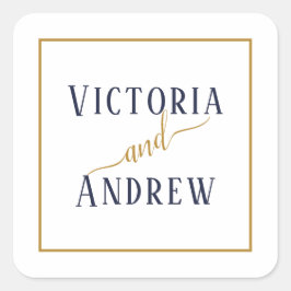 Moderne Navy Blauwe Gouden Script Minimaal Huwelij Vierkante Sticker