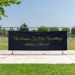 Moderne Navy Blauwe & Gouden Script Trouw Welkom Spandoek