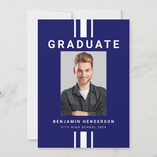 Moderne Navy Blauwe Jongens Afstuderen Aankondiging (Voorkant)