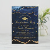 Moderne Navy Blauwe Marmer Agate Afstudeerfeest Kaart (Staand voorkant)