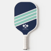 Moderne Navy Blauwe Mint Witte Strepen Monogram Pickleball Paddle (Achterkant)