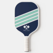 Moderne Navy Blauwe Mint Witte Strepen Monogram Pickleball Paddle (Voorkant)