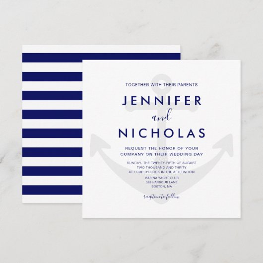 Moderne Navy Blauwe Nautilus Anker Bruiloft Kaart (Voorkant / Achterkant)
