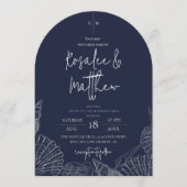 Moderne Navy Blauwe Oceaan Kust Bruiloft Kaart (Voorkant)
