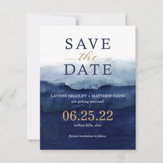 Moderne Navy Blauwe Ombre Watercolor Save the Date (Voorkant)