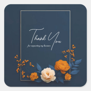 Moderne Navy Blauwe Oranje Crème Bloem Motief Goud Vierkante Sticker