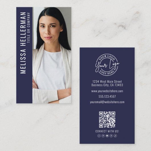 Moderne Navy Blauwe Professionele QR Code Foto Log Visitekaartje (Voorkant / Achterkant)
