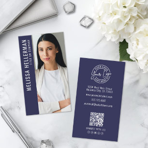 Moderne Navy Blauwe Professionele QR Code Foto Log Visitekaartje
